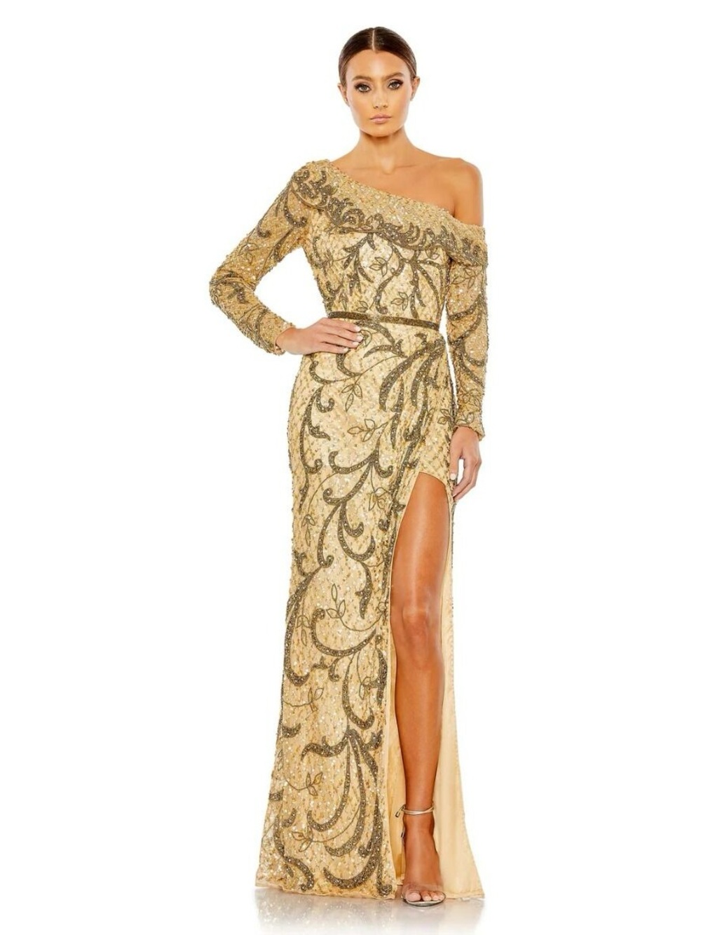 Mac Duggal 5639 Embellished One Shoulder Long Sleeve Faux Wrap Gown Size 12 NWOT